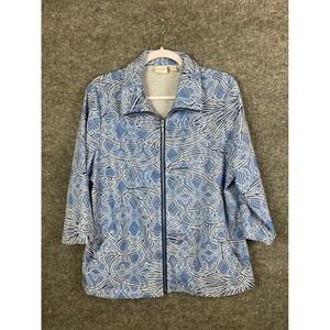 Chico's Weekends Jacket Women Size 2 Blue Paisley Zip Front 3/4 Sleeve